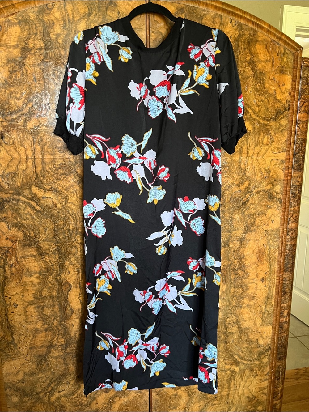 Who What Wear Black Midi Dress with Red, Light Blue & Yellow Floral Print